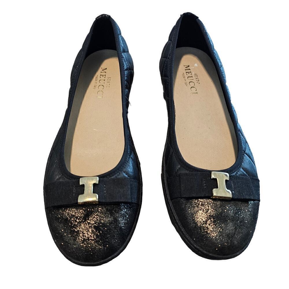 Sesto Meucci Ballet Flats Size 7.5 Black Quilted Leather Slip On Gold Accent